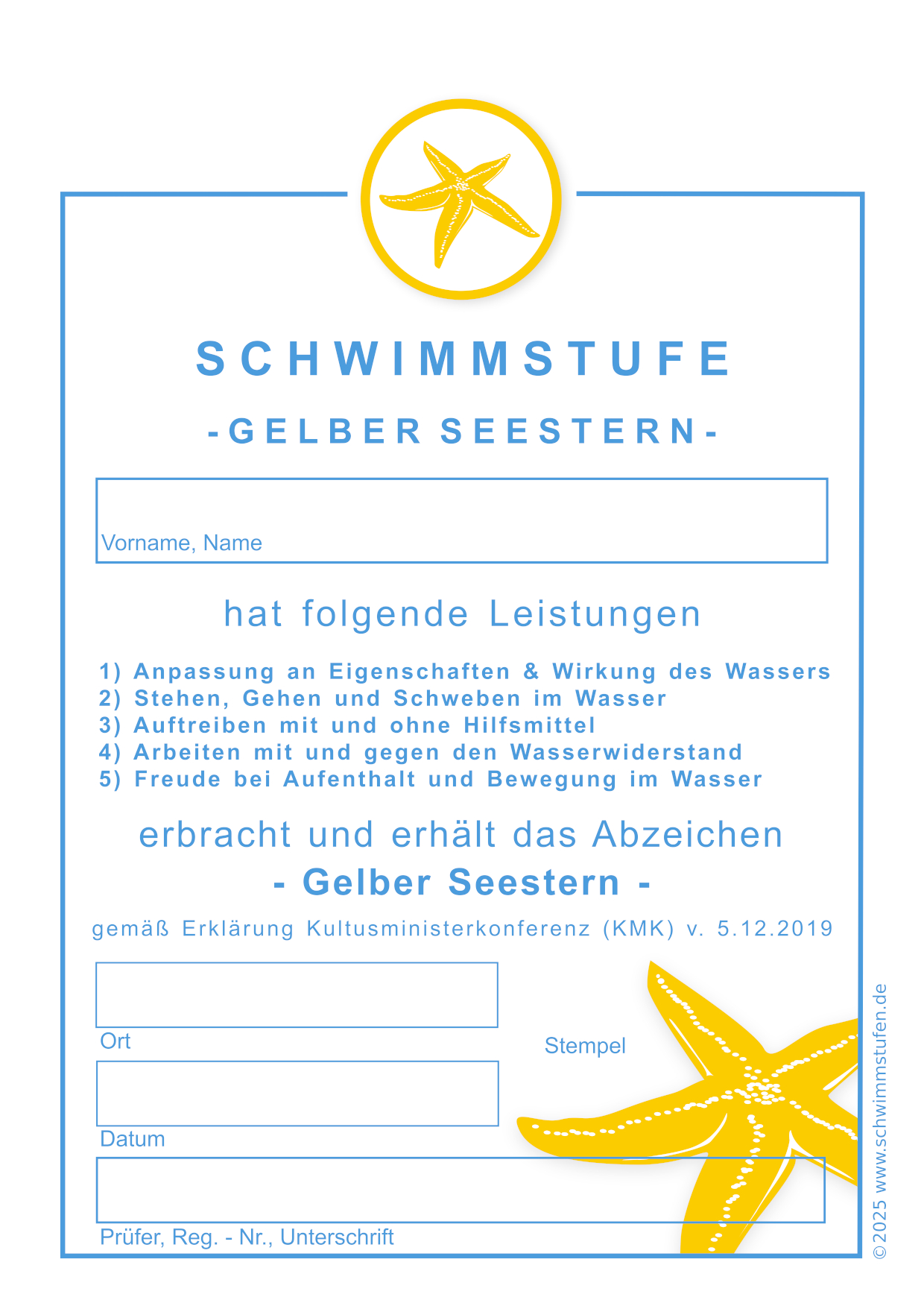 Urkunde Gelber Seestern