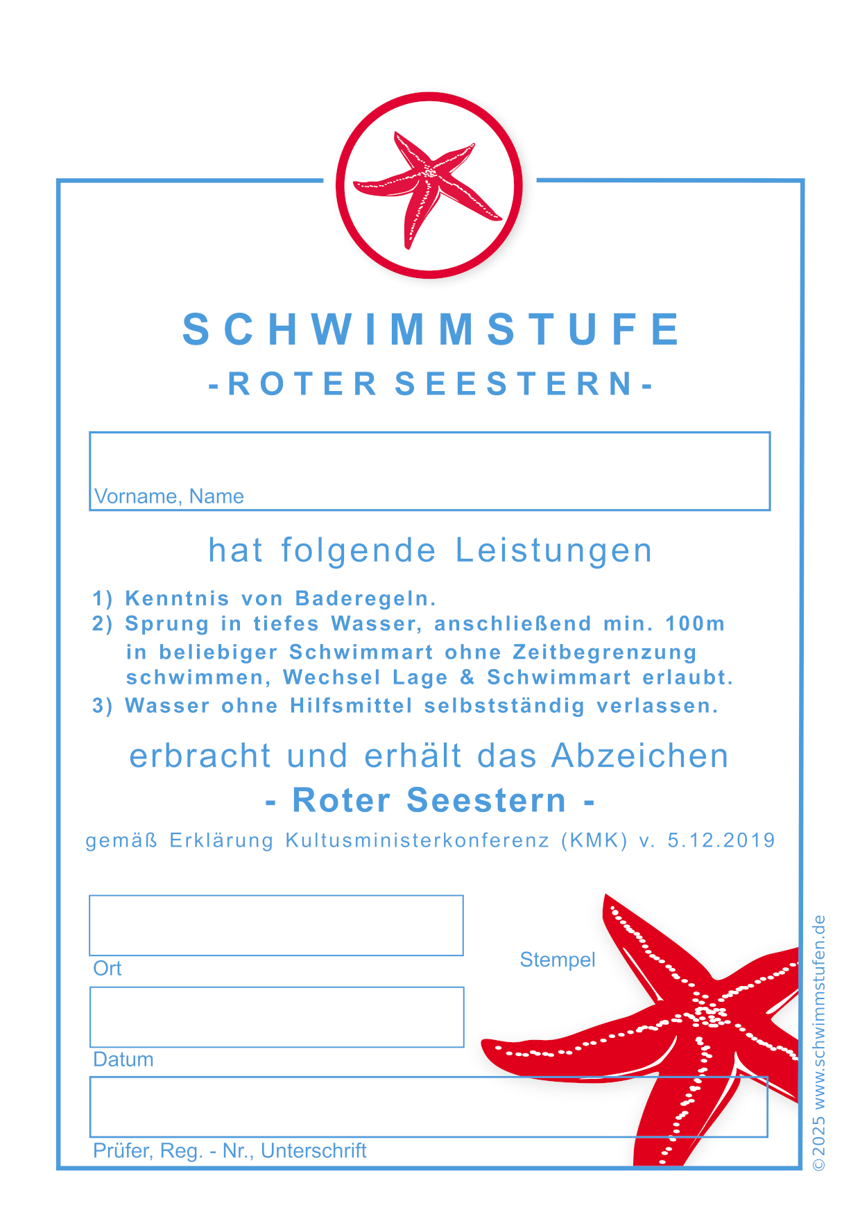 Urkunde Roter Seestern